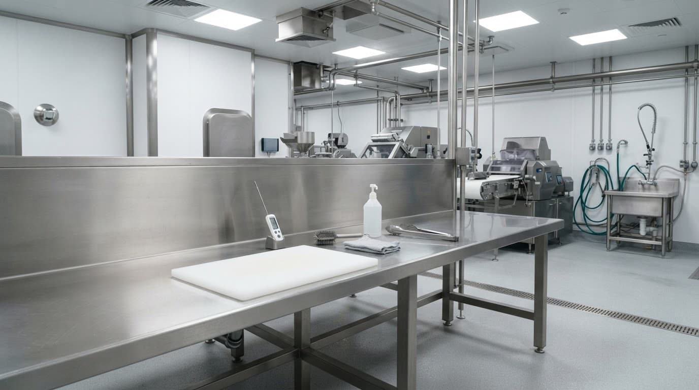 Quầy inox sạch trong cơ sở chế biến thực phẩm sáng rõ.