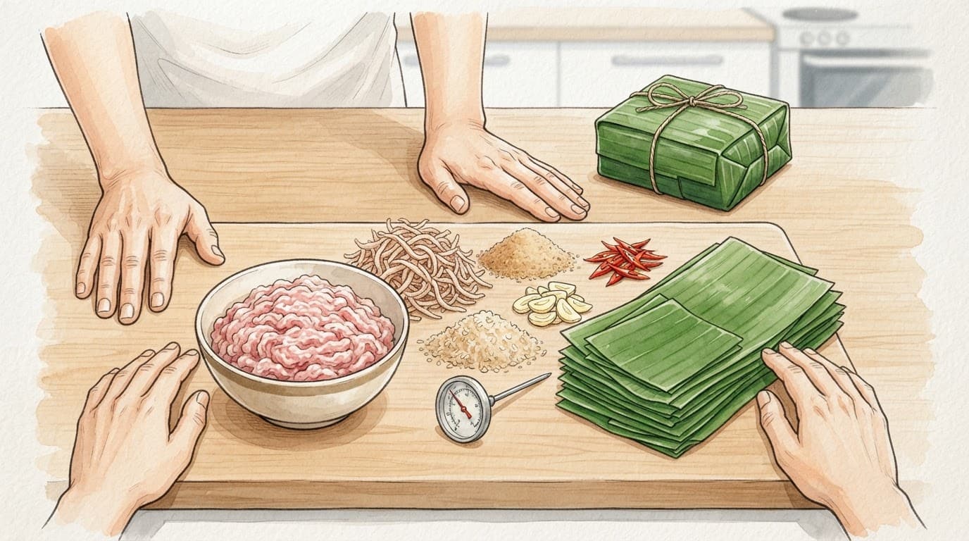 Hai bàn tay đặt cạnh nguyên liệu và gói nem kín.