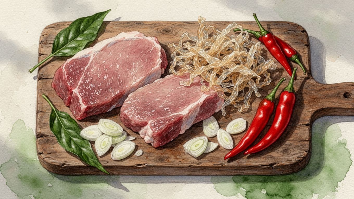 Thịt nạc, bì lợn thái sợi, tỏi và ớt trên thớt gỗ.
