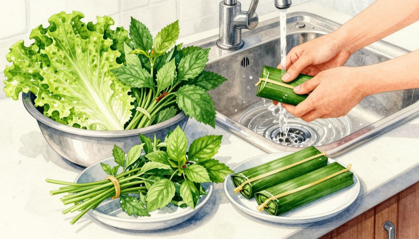 Rau thơm nằm trong chậu cạnh bồn rửa, với nem chua gói lá chuối đặt riêng.