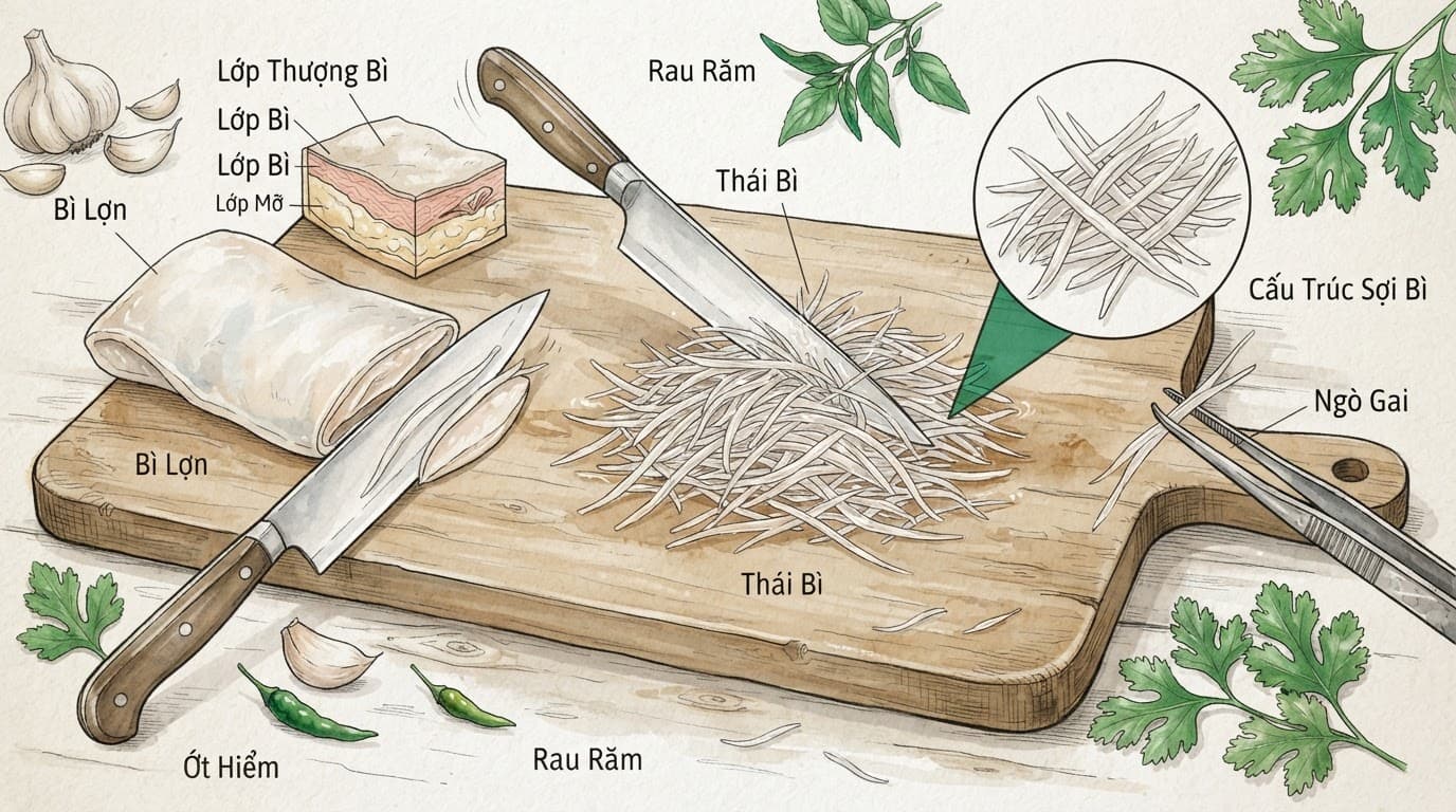 Bì lợn được thái thành những sợi mỏng trong mờ trên mặt gỗ.