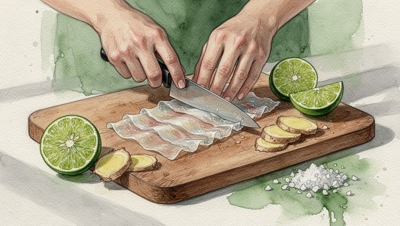 Miếng da heo luộc được thái sợi mảnh trên thớt, cạnh chanh và nguyên liệu sơ chế.