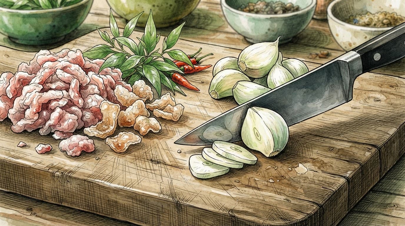 Tỏi tươi thái cạnh thịt heo sống và da heo trên thớt gỗ.