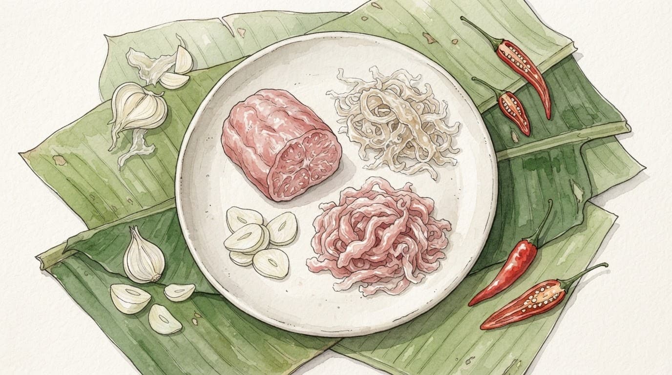 Thịt heo, bì, tỏi và ớt hiểm trên lá chuối.