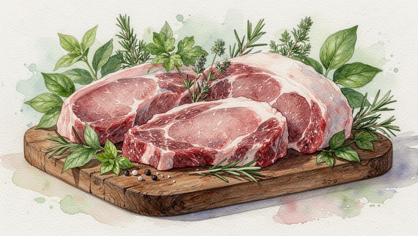 Các miếng thịt heo tươi nằm trên thớt gỗ giữa những điểm nhấn lá xanh.