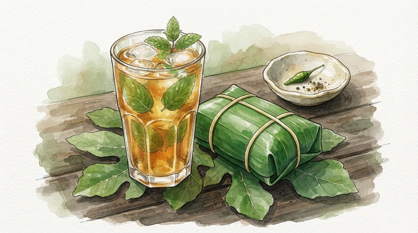 Ly trà bạc hà đặt cạnh gói nem chua trên bàn gỗ.