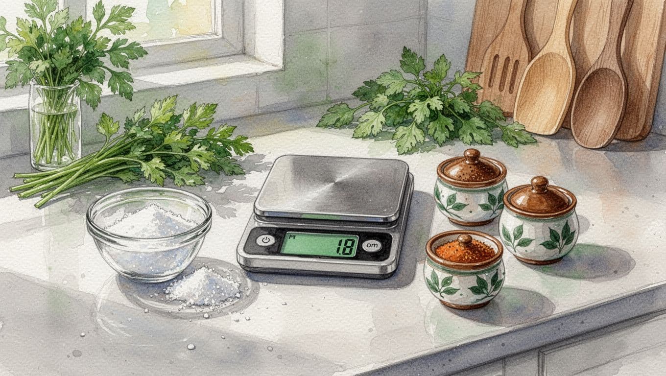 Cân điện tử và năm bát gia vị trên mặt bếp Việt sạch sẽ.
