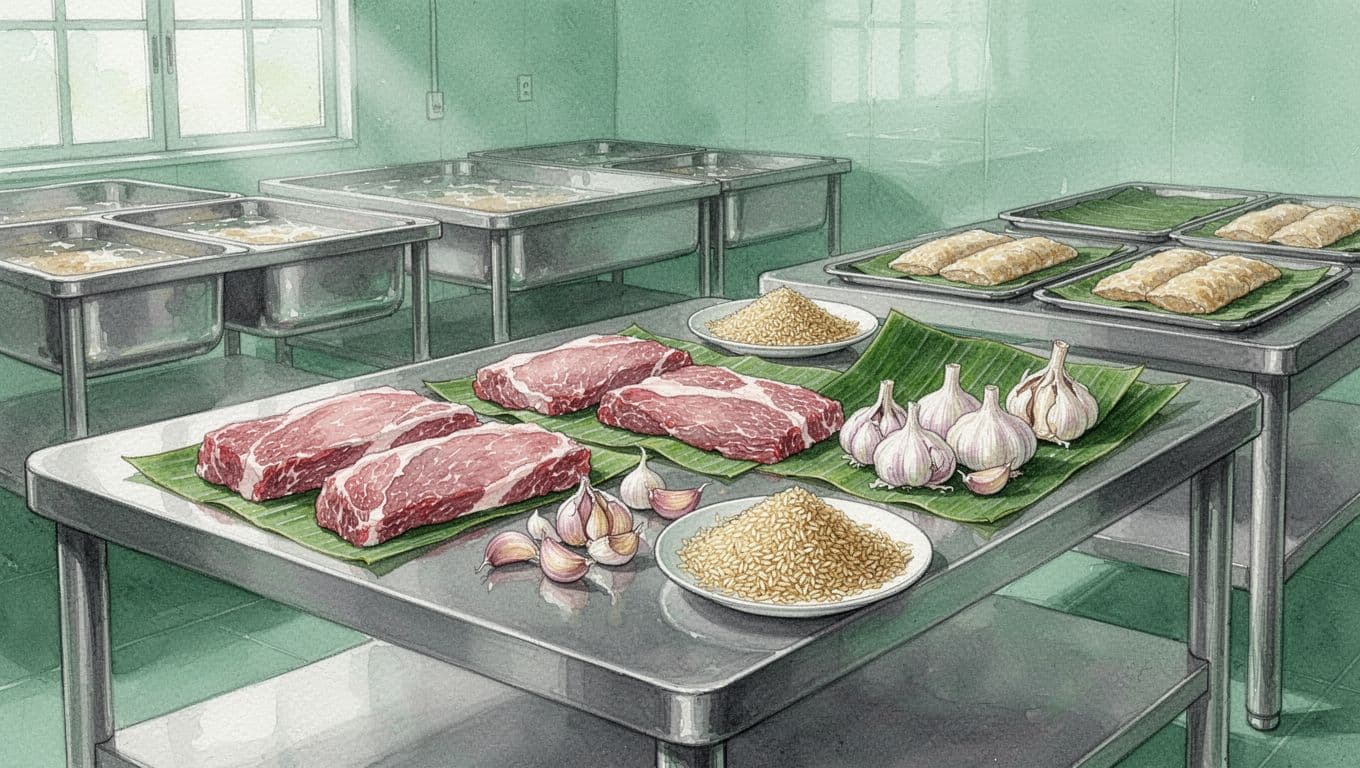 Bàn inox sạch với thịt heo, tỏi, thính gạo và lá chuối.