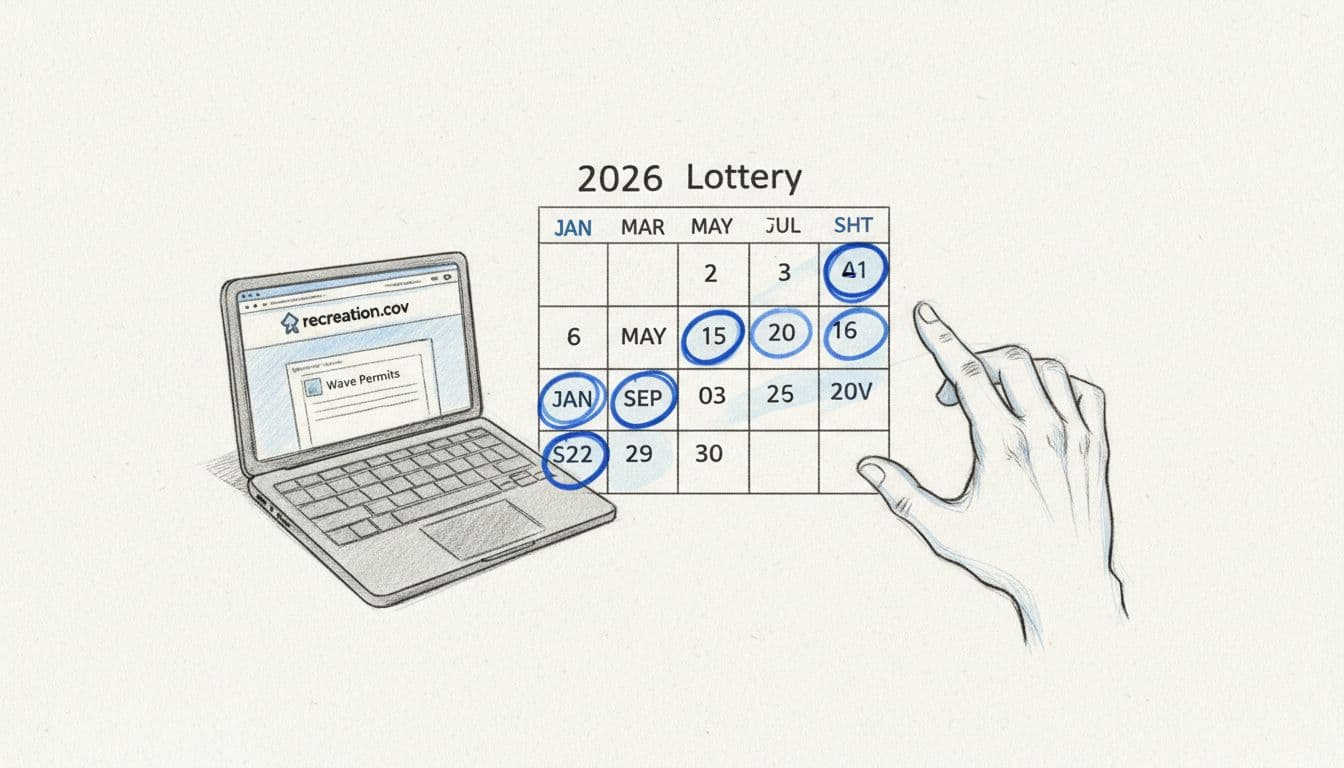 Hand-drawn sketch illustration of a simple calendar marking Wave permits lottery dates on a desk with laptop open to recreation.gov, relaxed hand pointing at screen in soft natural light.