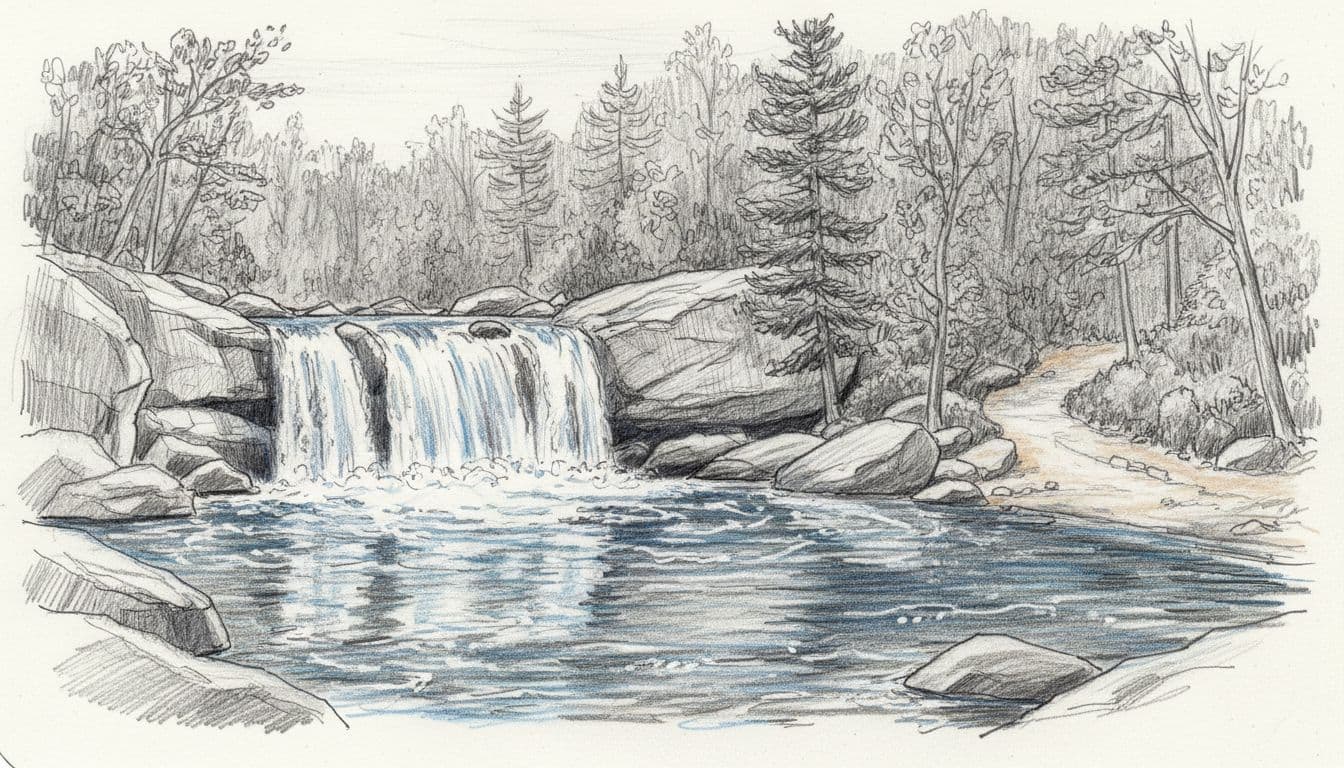 Hand-drawn graphite sketch of Abrams Falls in Great Smoky Mountains, showing a powerful waterfall dropping into a pool surrounded by rocks and trees with a nearby trail path in a serene forest setting.