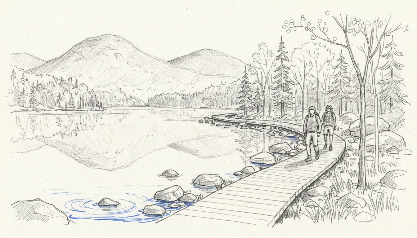 Hand-drawn graphite sketch of the Jordan Pond Path loop trail in Acadia National Park, showing a calm pond with mountain reflections, boardwalk path along shoreline rocks, two relaxed hikers walking amid light forest trees, with blue accents on water ripples on white background.