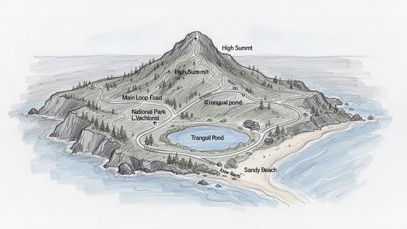 Hand-drawn graphite-style sketch providing an overview map of Acadia National Park on Mount Desert Island, featuring Park Loop Road, Cadillac Mountain, Jordan Pond, and Sand Beach with simple linework, light shading, and blue accents on water.