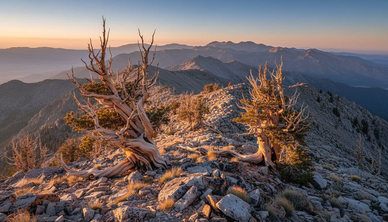 Pohon pinus bristlecone kuno yang bengkok di punggung bukit berbatu yang bersinar dalam cahaya jam emas dengan latar belakang pegunungan yang luas, menonjolkan keagungan dan usia dalam foto lanskap yang realistis.