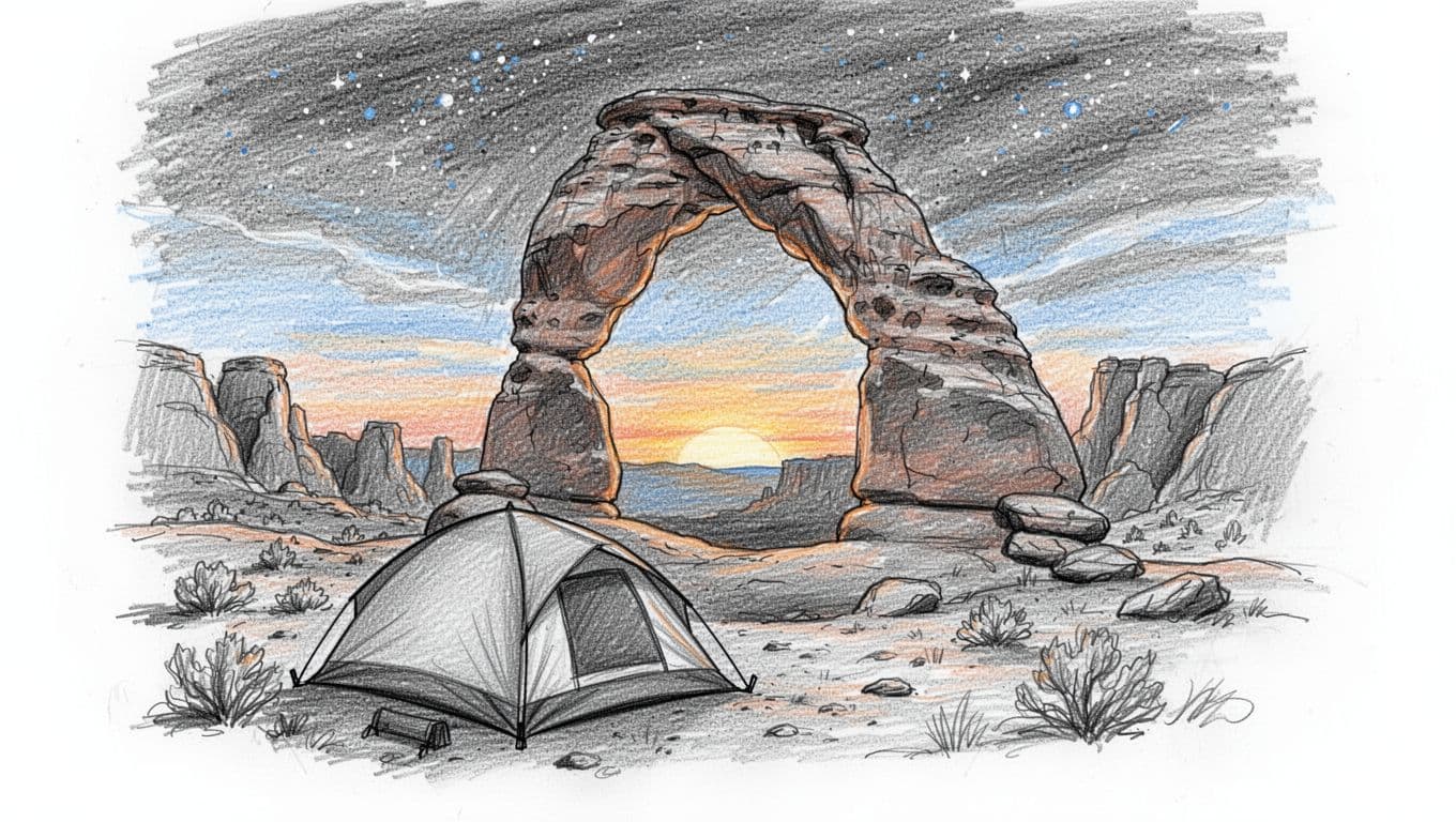 Hand-drawn graphite sketch of a single tent pitched near iconic red rock arches in Arches National Park at sunset, with a starry sky emerging and subtle blue sky accents.