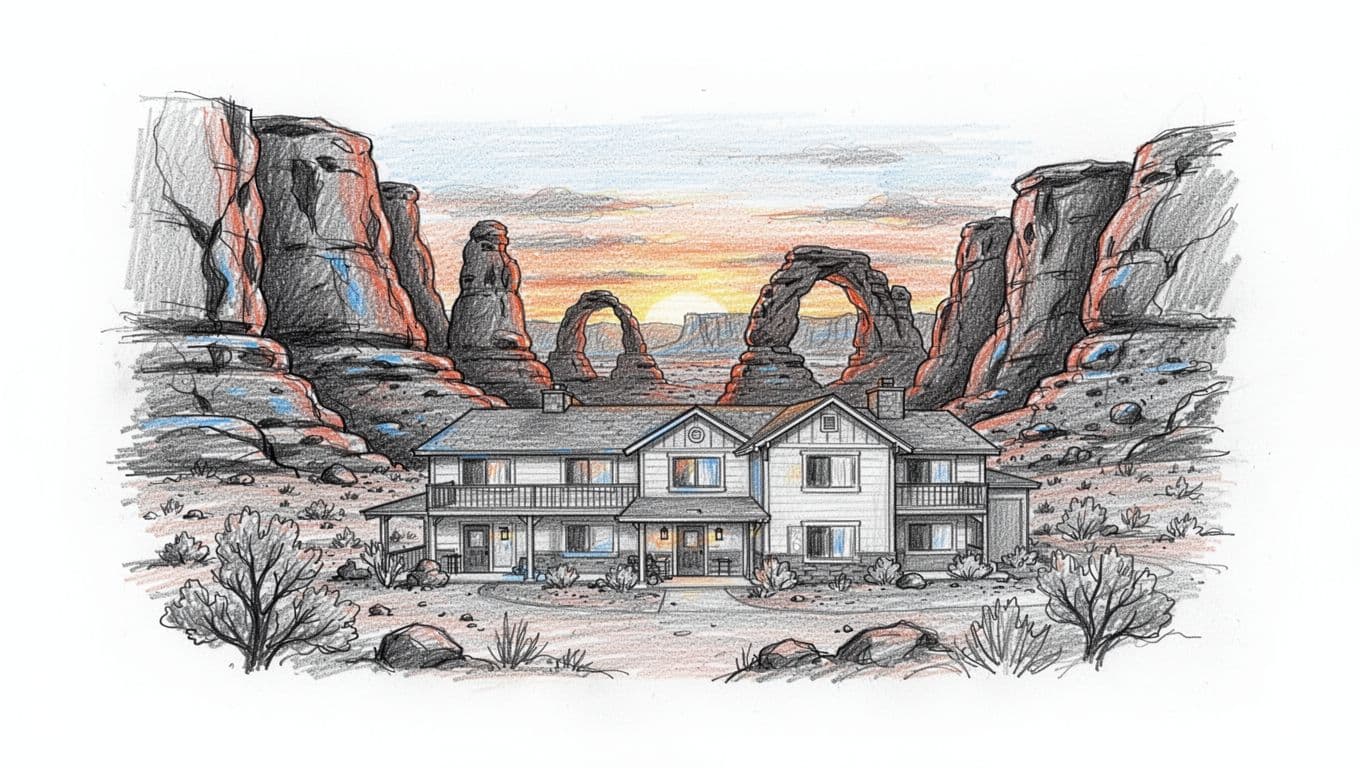 Hand-drawn graphite sketch of a cozy hotel nestled against dramatic red rock formations near Arches National Park entrance at sunset, with distant arches visible.