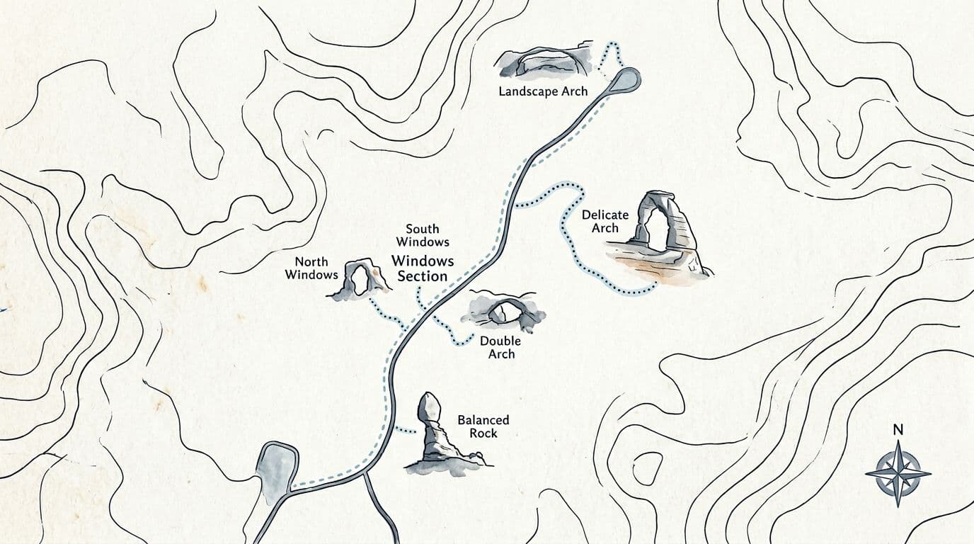 A simple hand-drawn illustrated map of Arches National Park for a one-day first-timer hiking plan, featuring iconic landmarks like Delicate Arch, Windows Section, Double Arch, Balanced Rock, and Landscape Arch connected by a dotted route. Subtle compass rose, minimal topo contours in grey-blue tones, with clean ink lines, light watercolor washes, and ample negative space.