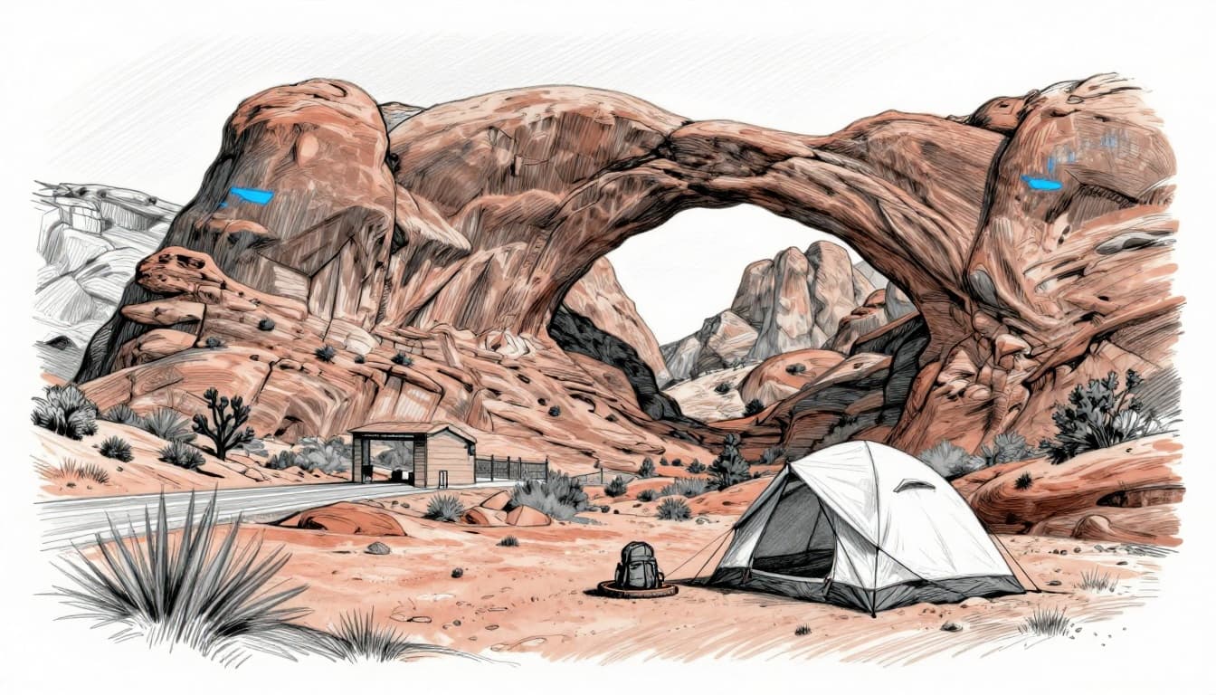Hand-drawn graphite sketch of a single tent pitched in red rock desert near massive natural stone arch, with campfire ring and backpack in foreground, serene wide-angle landscape in Arches National Park.