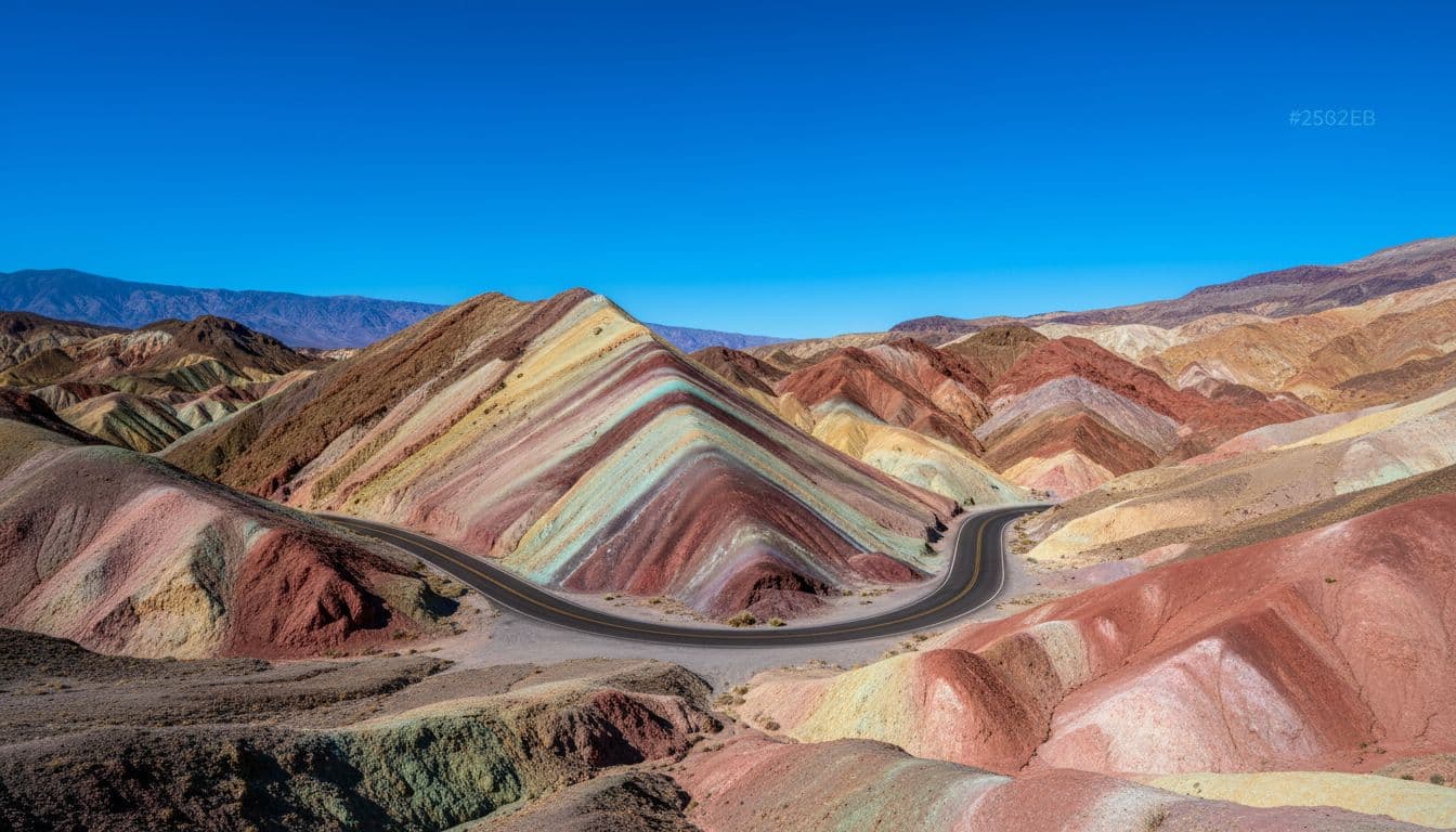 Perbukitan bertaburan mineral berwarna merah, merah jambu, hijau, dan kuning berjejer di jalan berkelok-kelok di Death Valley di bawah langit cerah.