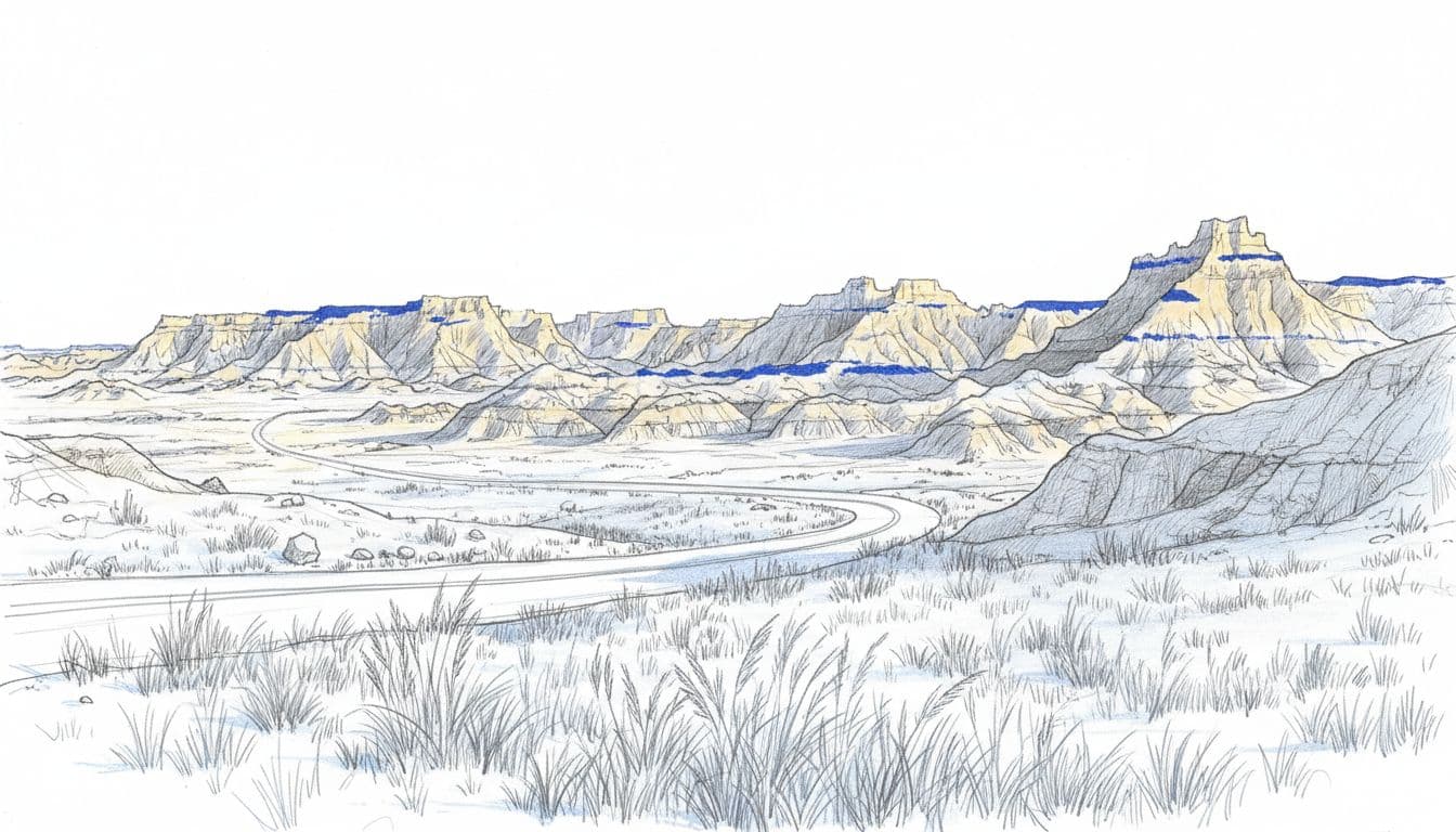 Hand-drawn graphite sketch of iconic Badlands National Park landscape with layered rock formations, spires, prairie grass, and a curving empty scenic drive road under golden hour lighting.