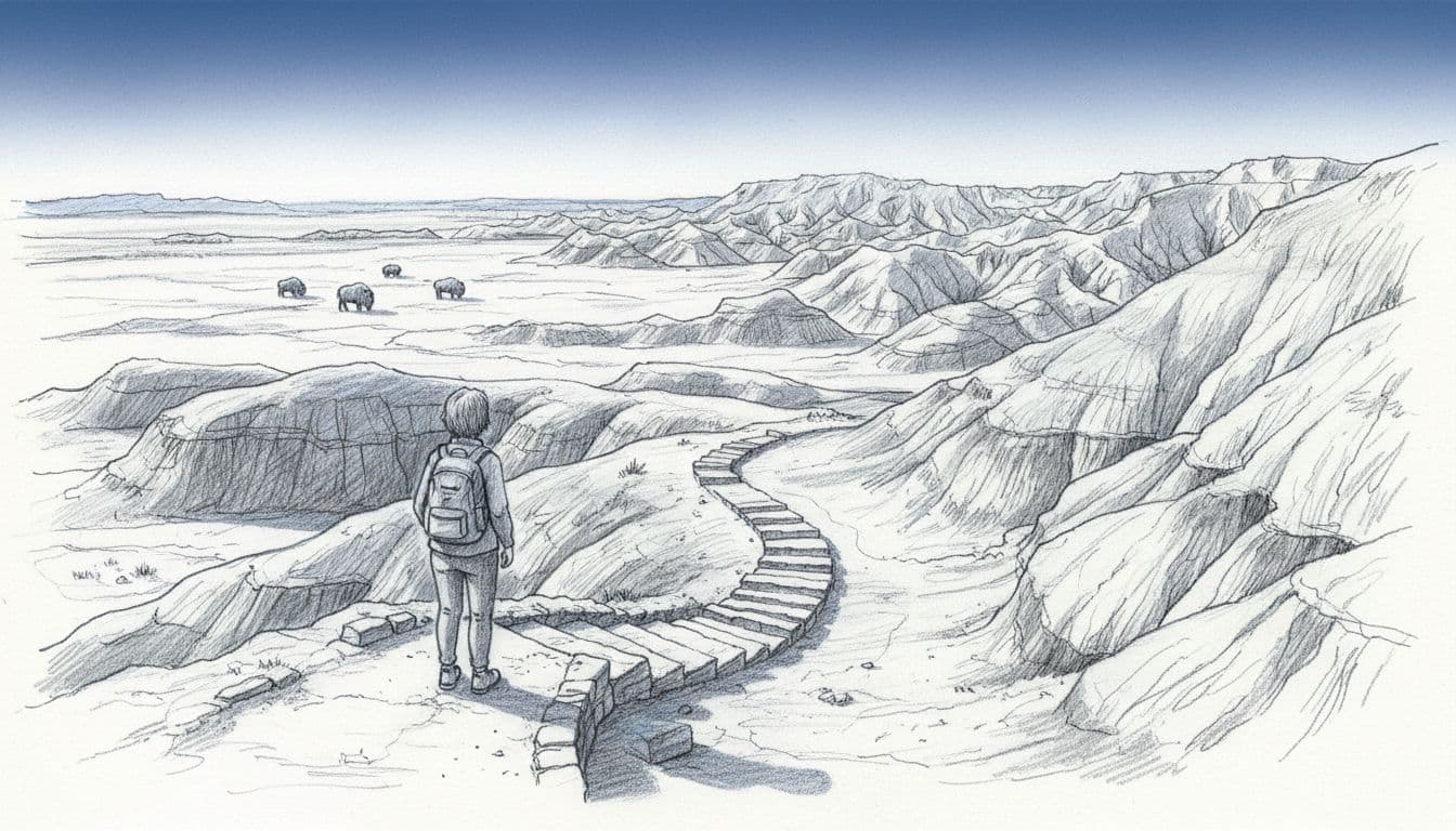 Hand-drawn graphite sketch of a short hiker from behind on an easy trail overlooking Badlands cliffs and valleys, with distant bison on the prairie under morning side light.