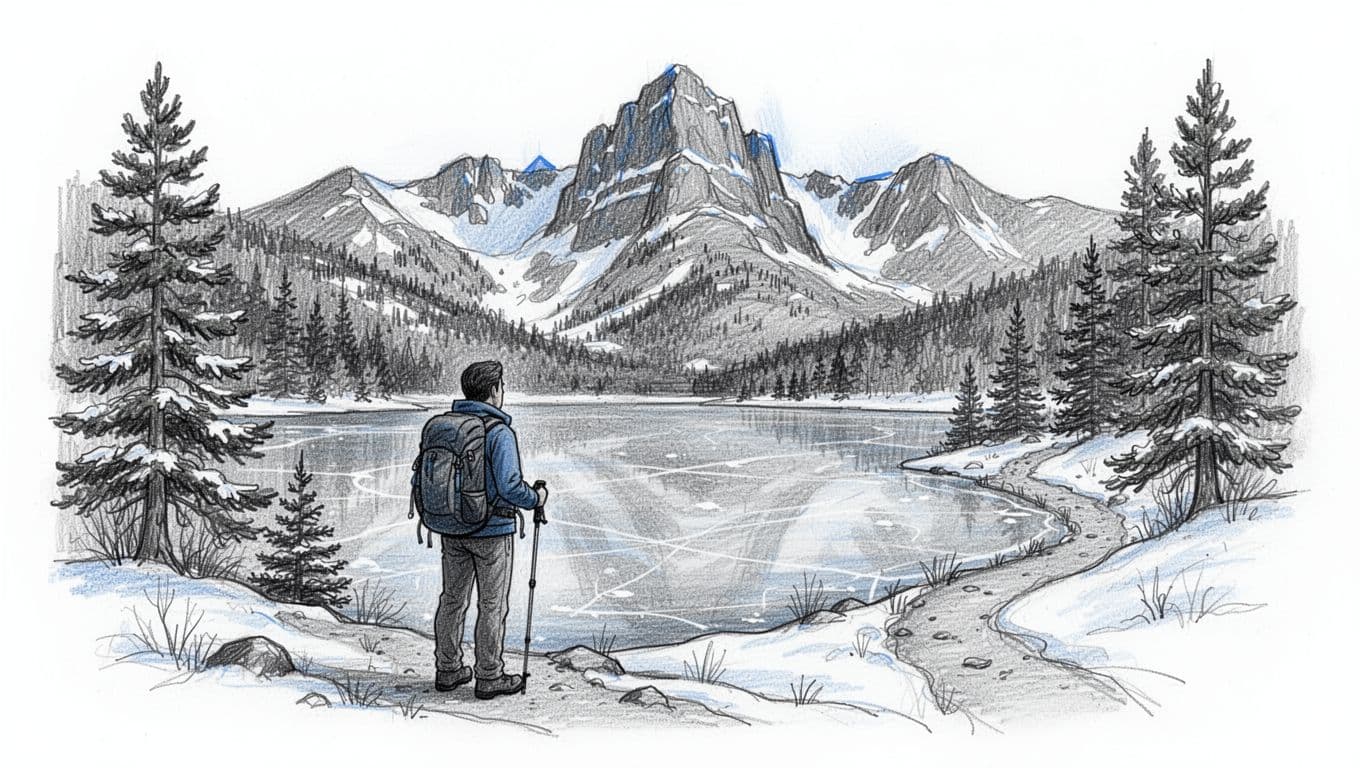 Hand-drawn graphite sketch of a lone hiker pausing by frozen Bear Lake in Rocky Mountain National Park, Colorado, with snow-capped Hallett Peak, pine trees, and a gentle trail in the background.