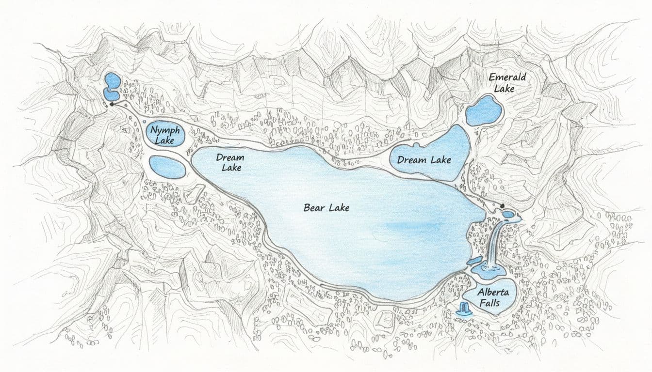 Detailed hand-drawn sketch map of Bear Lake area in Rocky Mountain National Park, illustrating trails from Bear Lake trailhead to Nymph Lake, Dream Lake, Emerald Lake, and Alberta Falls, with alpine lakes in blue accents amid forests and mountains.