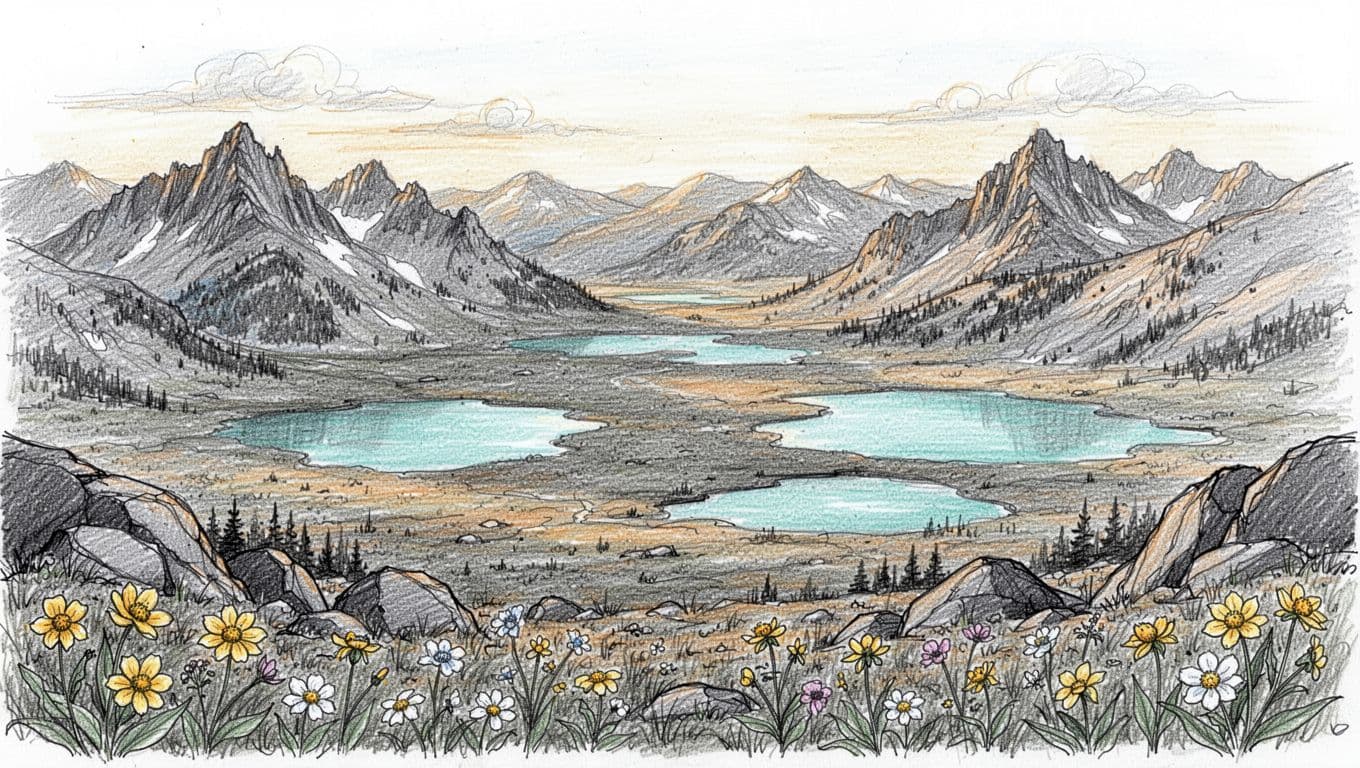 Hand-drawn graphite sketch of a vast alpine plateau in Montana's Beartooth Mountains, featuring multiple turquoise lakes dotting the tundra landscape, jagged surrounding peaks, rocky foreground outcrops, hardy wildflowers, and golden hour lighting casting long shadows.