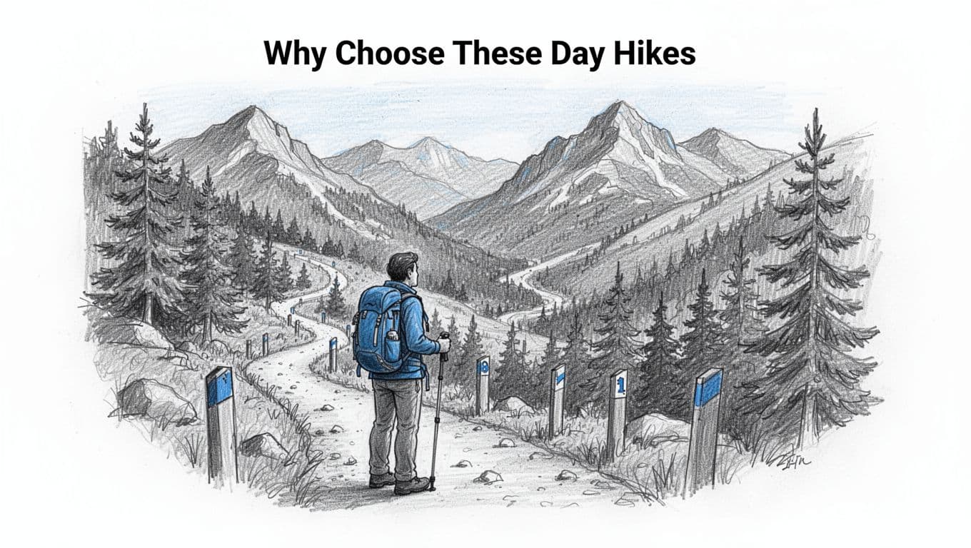 Hand-drawn graphite sketch of a solo hiker on a scenic daytime mountain trail, winding path through forests and peaks, wide side-angle landscape view with blue accents on backpack and markers.