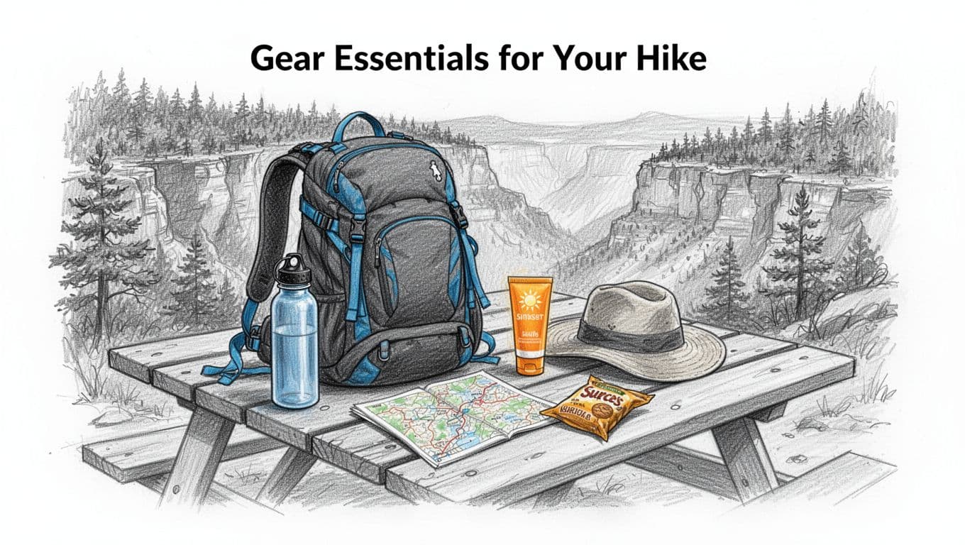 Beginner hiker backpack with essentials like water bottle, map, hat, sunscreen, and snacks laid out on a picnic table at North Rim viewpoint with forested canyon background. Hand-drawn sketch style in graphite linework with light shading and blue accents.