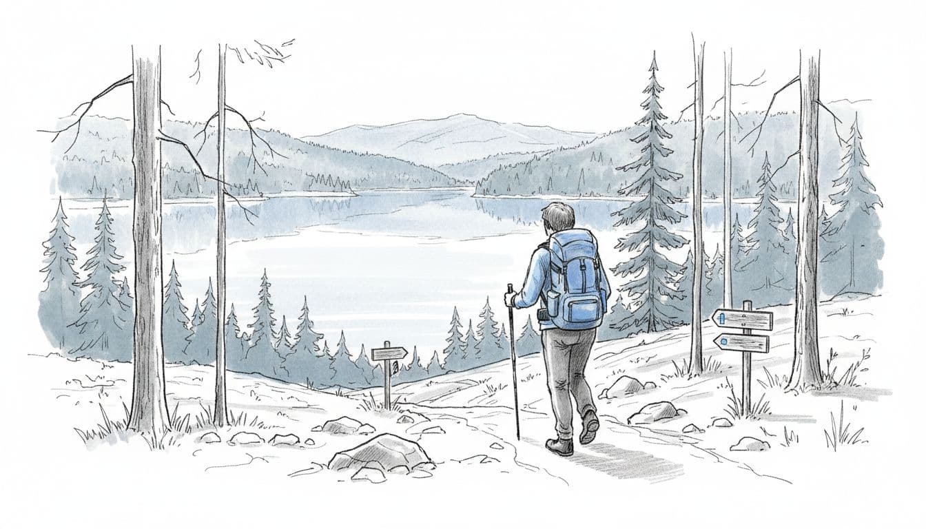 Hand-drawn graphite sketch of a solo hiker with backpack and walking stick on a gentle forested trail with serene lake background, featuring light shading in blues, grays, and blacks with blue accents.