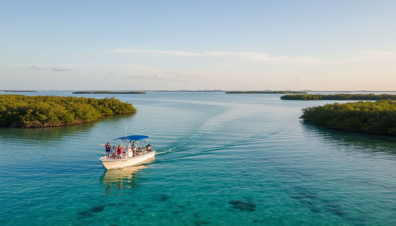 Perahu wisata kecil dengan penumpang berlayar di perairan biru kehijauan di dekat pulau bakau dan kunci di bawah langit cerah.
