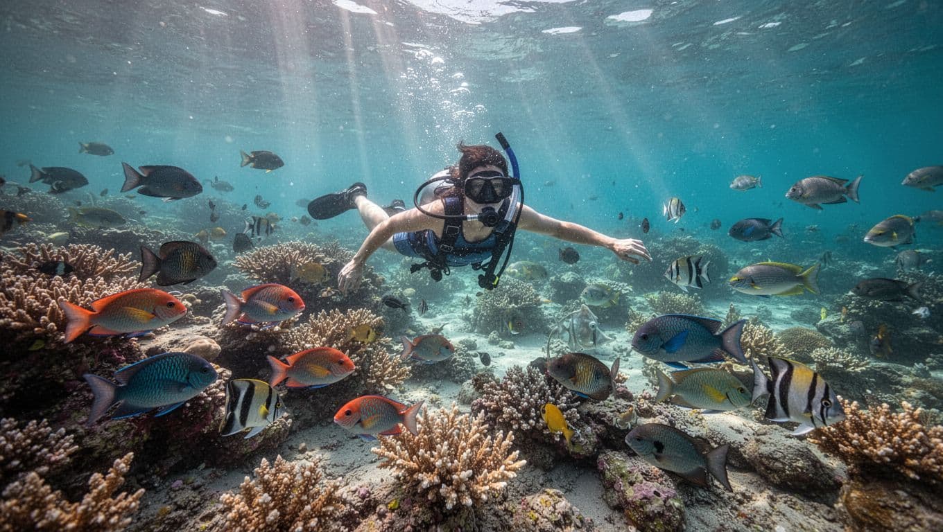 Snorkeler menjelajahi terumbu karang yang hidup di perairan biru kehijauan yang jernih dengan ikan kakatua, angelfish, dan sinar matahari.