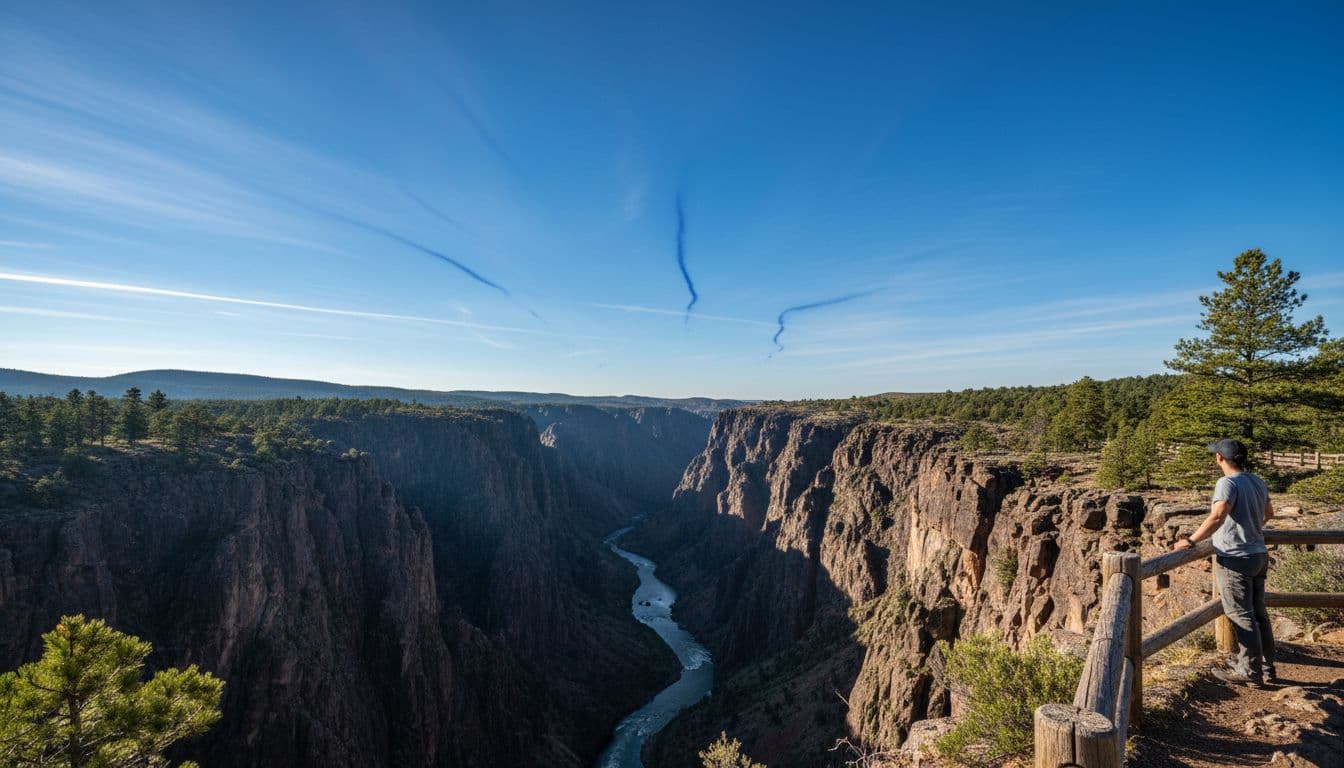Foto lanskap realistis Black Canyon of the Gunnison dari Gunnison Point menghadap ke Lingkar Selatan, menampilkan seorang pejalan kaki sendirian di pagar kayu menatap ke dalam jurang yang dramatis dengan Sungai Gunnison di bawahnya, tebing hitam terjal, pohon pinus, dan cahaya pagi di bawah langit biru cerah.