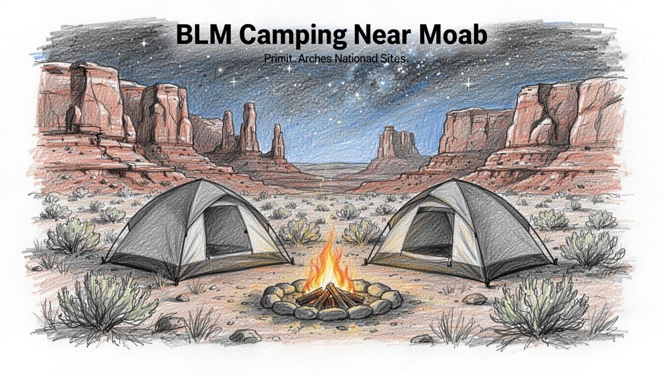 Hand-drawn graphite sketch of two tents at a primitive BLM dispersed camping site near Moab, Utah, close to Arches National Park, surrounded by red rock formations, sagebrush desert, campfire circle, and starry night sky hints on white background.