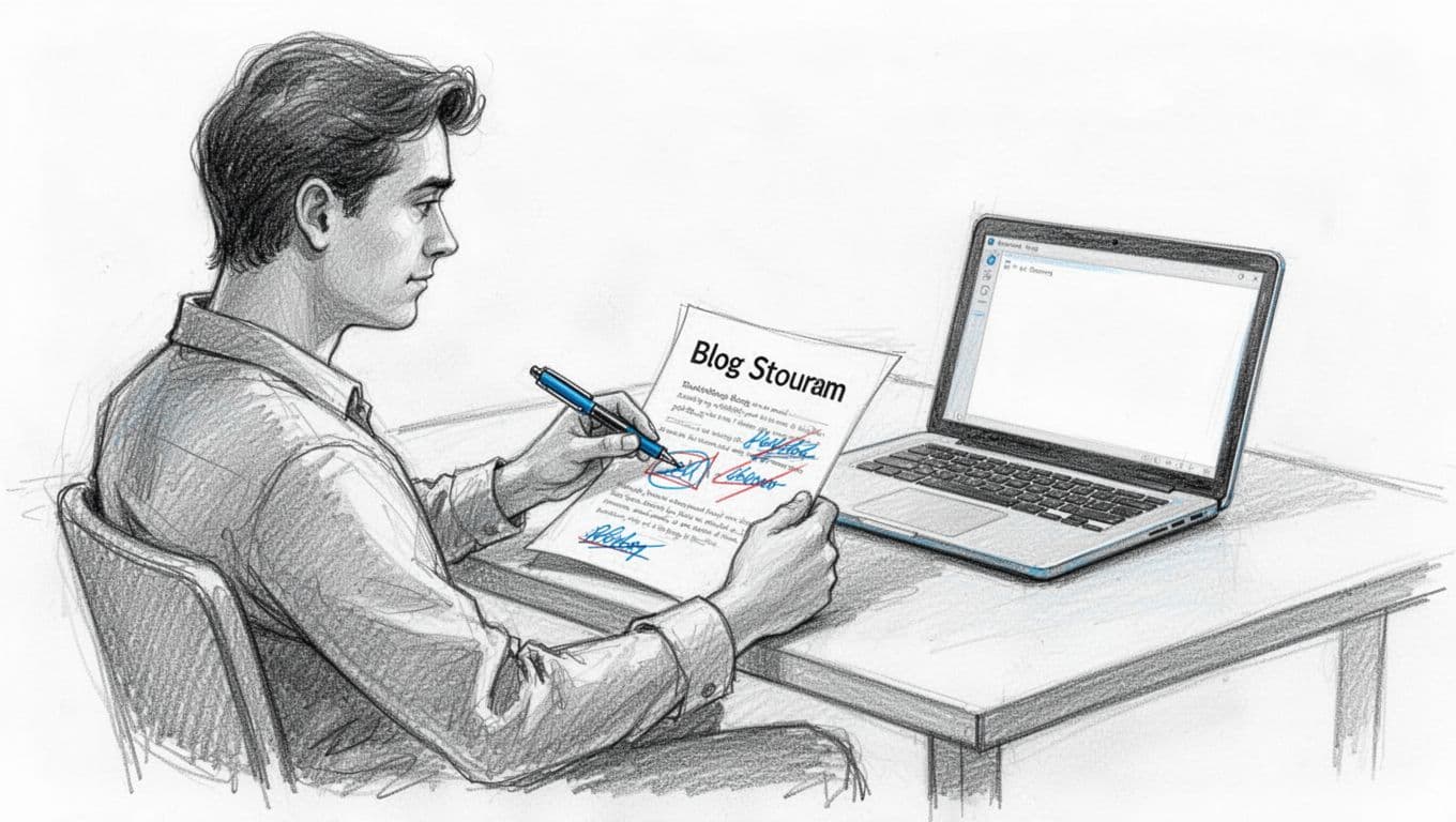 Hand-drawn sketch of one person at a simple desk reviewing a printed blog draft marked with editing pen, open laptop nearby displaying blank document. Relaxed side-view pose in graphite linework with light shading in blues, grays, and blacks on white background.