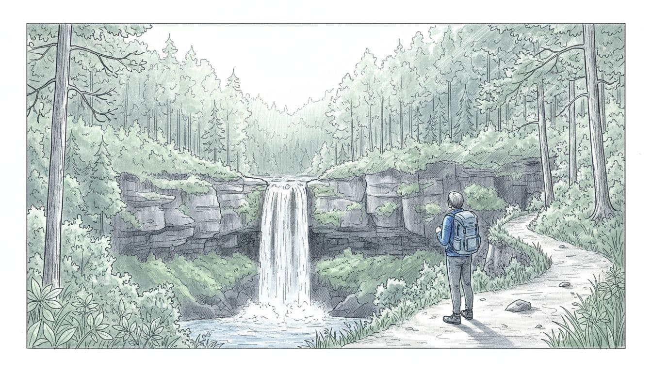 Hand-drawn graphite sketch of a lone hiker with backpack viewing the 60-foot Brandywine Falls cascading into a gorge with mossy rocks and trees in Cuyahoga Valley National Park's serene morning forest light.