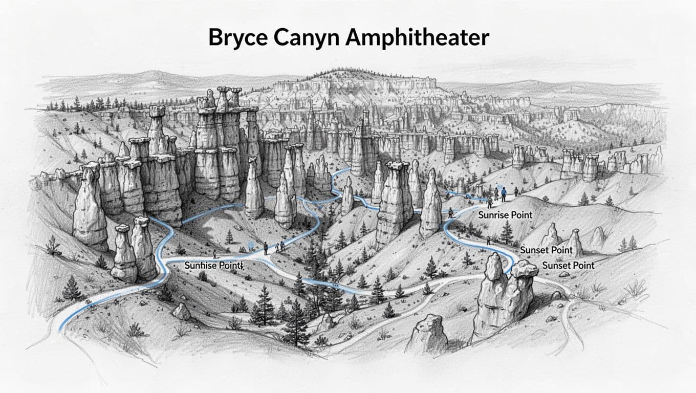 Hand-drawn graphite linework sketch of Bryce Canyon Amphitheater featuring hoodoos, Sunrise Point, Sunset Point, and connecting trails with light shading in blues, grays, and blacks on white background.