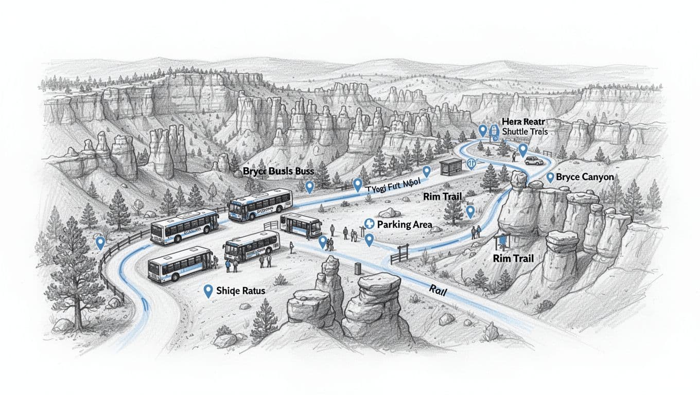 Hand-drawn graphite sketch of Bryce Canyon shuttle bus stops, parking areas, and Rim Trail overview with clean lines, light shading in blues and grays, and highlighted routes.