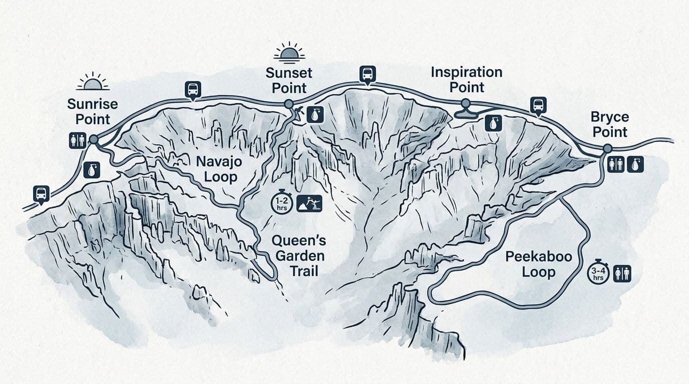 Hand-drawn illustration in watercolor style depicting a simplified map of Bryce Canyon's main viewpoints including Sunrise Point, Sunset Point, Inspiration Point, and Bryce Point, connected by a clear one-day route through trails like Navajo Loop, Queen's Garden, and optional Peekaboo Loop, with icons for time estimates, sunrise, water refill, restrooms, and shuttle stops.