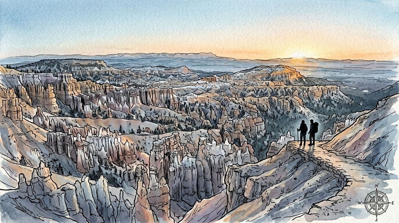Hand-drawn illustration style image of Bryce Canyon amphitheater at dawn from Sunrise Point, with layered hoodoos in atmospheric perspective, long shadows, pale blue sky to orange horizon, and two small silhouetted hikers for scale.