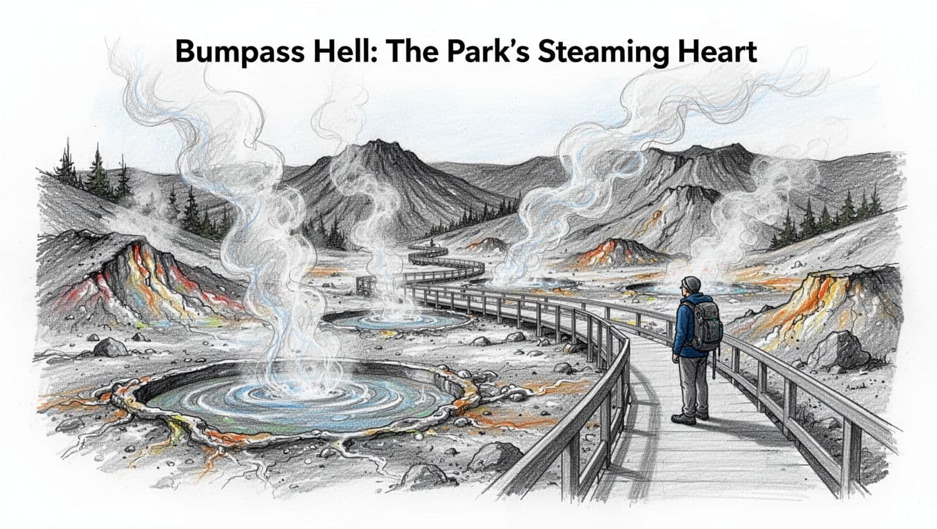 Graphite linework sketch of Bumpass Hell in Lassen Volcanic National Park, showing bubbling mud pots, steaming fumaroles, colorful minerals, rugged terrain, and a single hiker on the boardwalk trail.