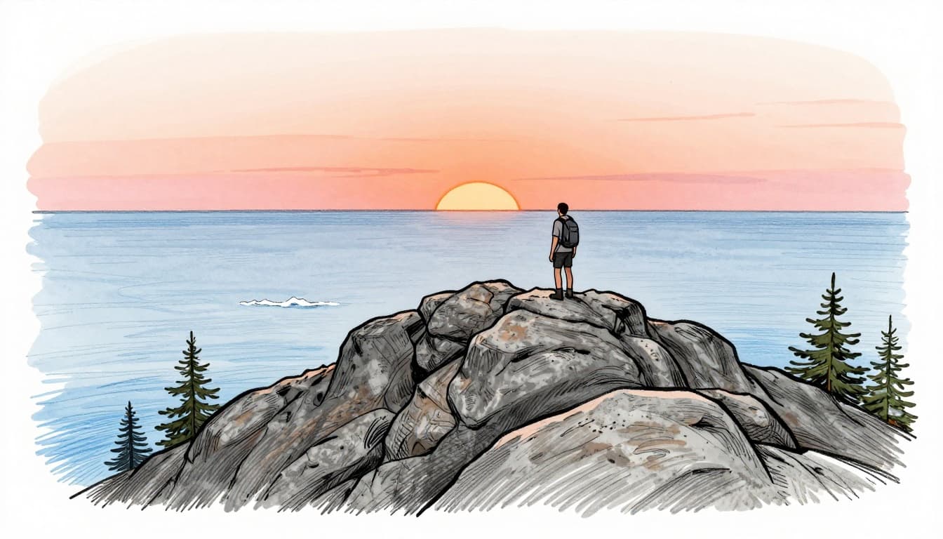 Hand-drawn graphite sketch of sunrise over Cadillac Mountain in Acadia National Park, featuring rocky summit, ocean horizon, pink-orange sky, and single hiker standing on rocks gazing out.
