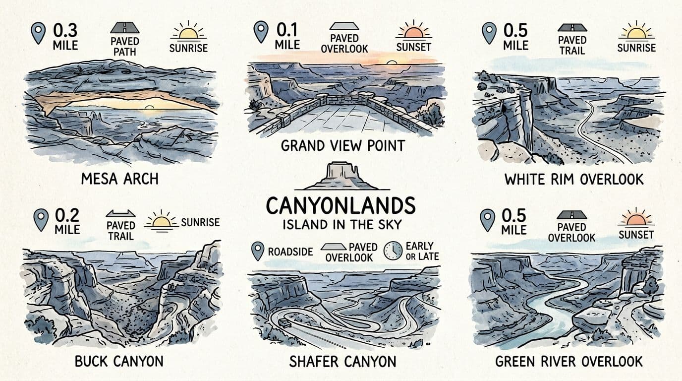Hand-drawn illustration infographic featuring six easy viewpoints in Canyonlands National Park's Island in the Sky district, including Mesa Arch, Grand View Point, White Rim Overlook, Green River Overlook, Shafer Canyon Overlook, and Buck Canyon. Each vignette highlights short flat or paved hiking trails under 0.5 miles with icons for best times like sunrise or sunset.