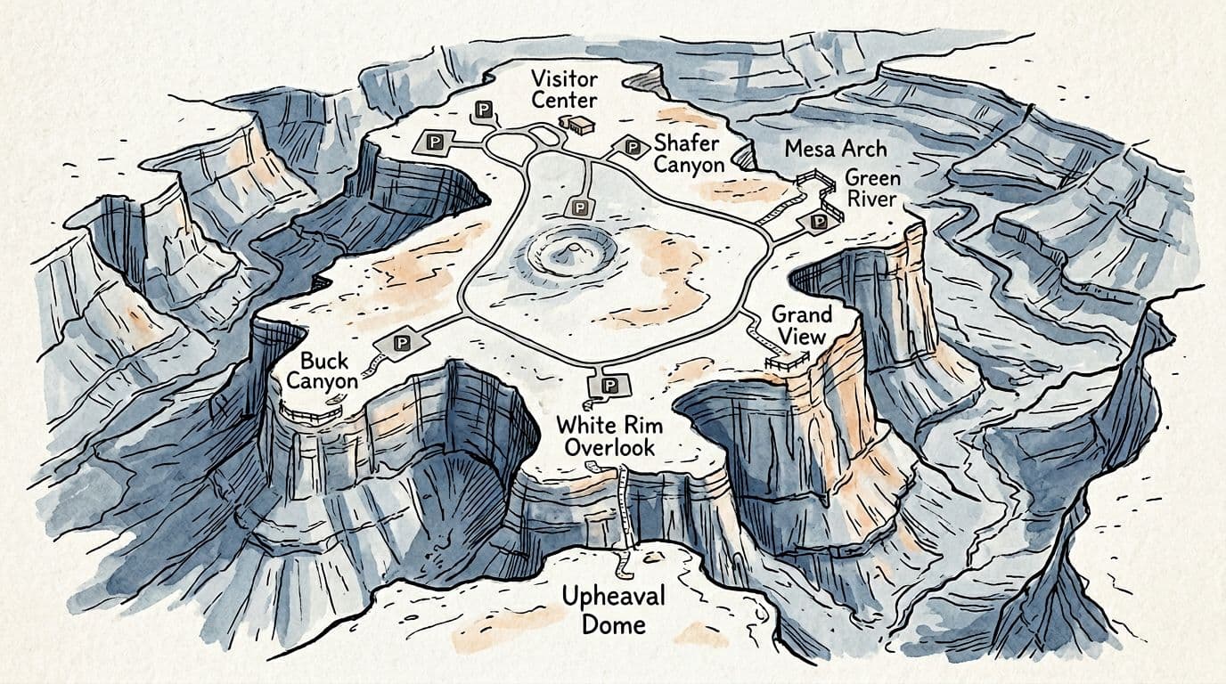 Simplified hand-drawn illustration map of Canyonlands National Park's Island in the Sky district, depicting a one-day mesa top loop route with canyons below and key stops like Mesa Arch, Grand View Point, and Upheaval Dome marked by icons.