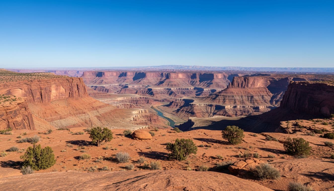 Pemandangan puncak mesa yang luas di atas ngarai yang dalam di Pulau di distrik Sky di Taman Nasional Canyonlands, dengan tebing batu merah berlapis dan sungai di bawahnya di bawah langit biru cerah.