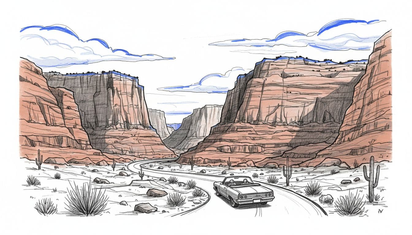 Hand-drawn graphite sketch of a winding scenic drive through red rock canyons in Capitol Reef National Park on Highway 24, shown from the driver's perspective with a single car, layered cliffs, sparse vegetation, and blue sky highlights on a clean white background.