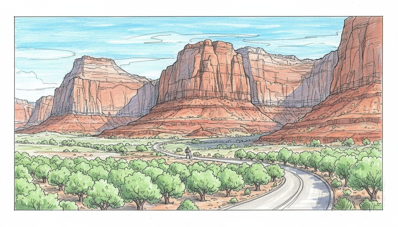 Hand-drawn graphite sketch of Capitol Reef National Park featuring red rock cliffs, green Fruita orchards in the foreground, winding Scenic Drive, blue sky with highlights, and exactly one hiker on the trail.