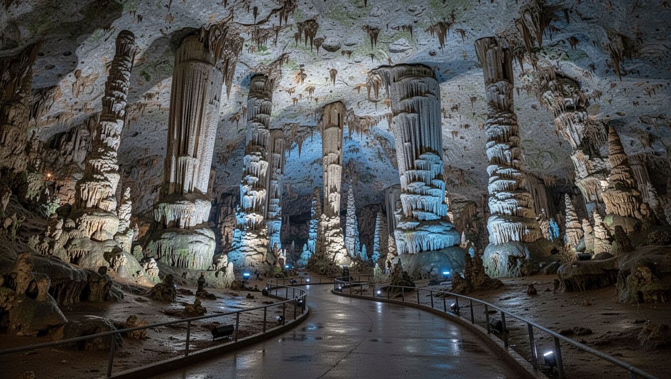 Towering stalactites and stalagmites in vast underground chamber with curving paved path.