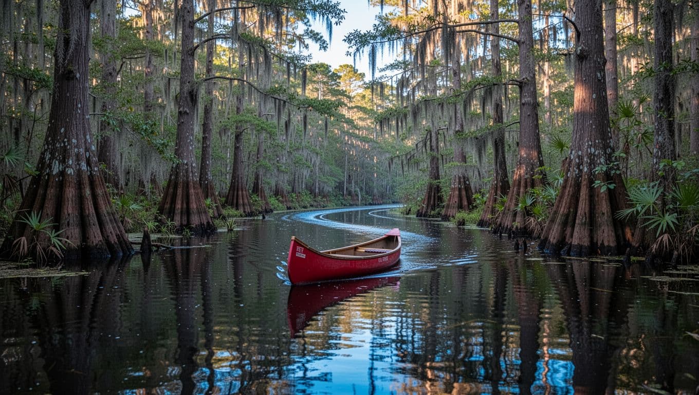 Red canoe glides on calm dark waters through cypress trees with buttressed roots and Spanish moss.