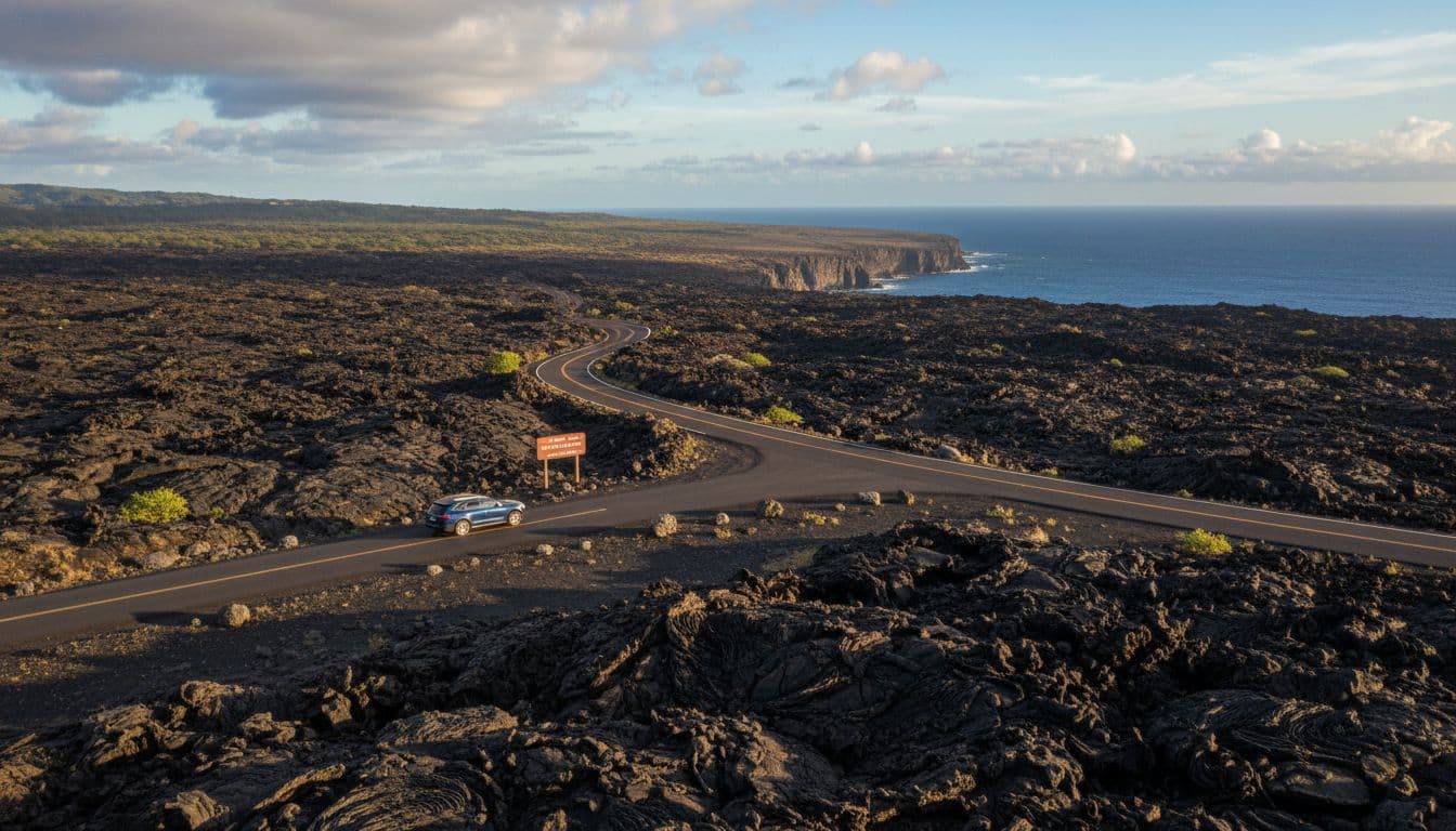 Jalan Rantai Kawah Berliku melewati ladang lahar hitam hingga tebing laut di bawah langit sebagian berawan, satu mobil terlihat, ujung jalan setapak Pu'u Loa di kejauhan.